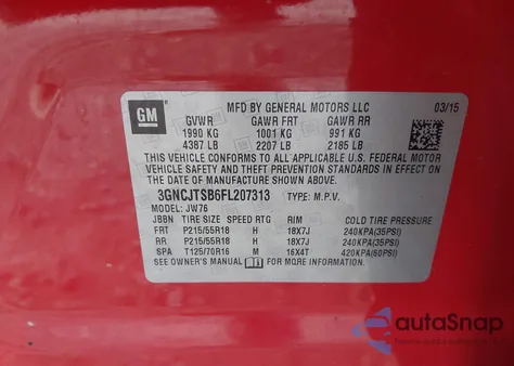 2015 Chevrolet Trax Ltz z USA, uszkodzony, nr VIN 3GNCJTSB6FL207313